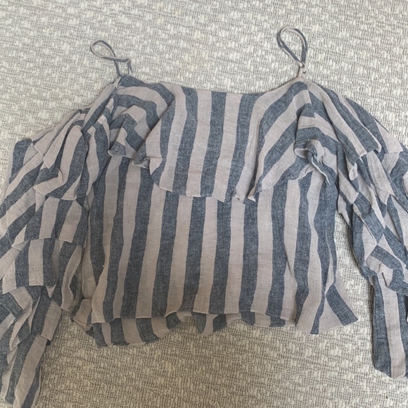 MISA Los Angeles Linen Blend Striped Ruffled Off Shoulder Top - Picture 3 of 3